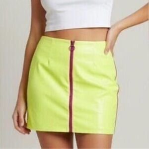 UO Lena Patent Zip-Front Mini Skirt Neon Green Pink NWT Size Small